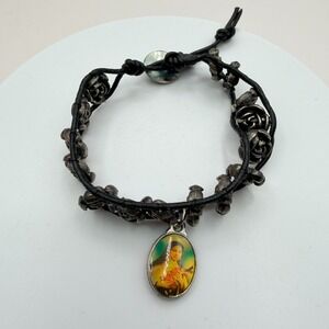 Vintage 90s Religious Saint Therese Charm Bracelet Black Leather Rose Beads